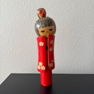 Vintage Red Kokeshi Doll with Floral Design
